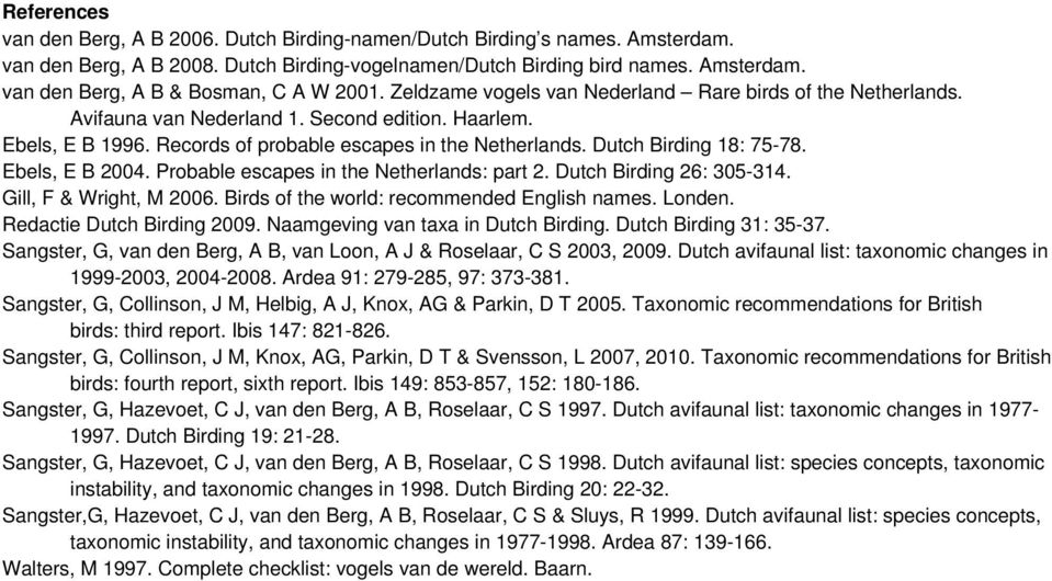 Dutch Birding 18: 75-78. Ebels, E B 2004. Probable escapes in the Netherlands: part 2. Dutch Birding 26: 305-314. Gill, F & Wright, M 2006. Birds of the world: recommended English names. Londen.