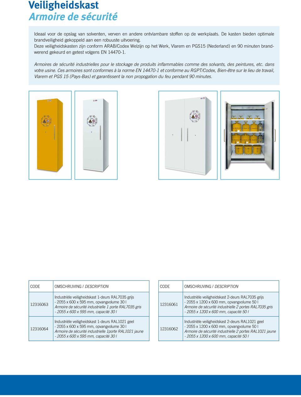 Deze veiligheidskasten zijn conform ARAB/Codex Welzijn op het Werk, Vlarem en PGS15 (Nederland) en 90 minuten brandwerend gekeurd en getest volgens EN 14470-1.