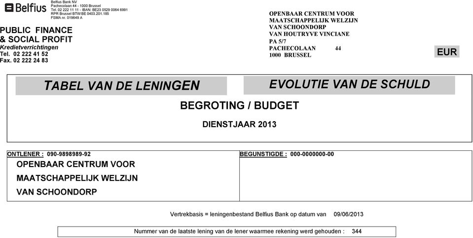 BRUSSEL EUR TABEL VAN DE LENINGEN EVOLUTIE VAN DE SCHULD BEGROTING / BUDGET DIENSTJAAR 2013 ONTLENER : 090-9898989-92 BEGUNSTIGDE :