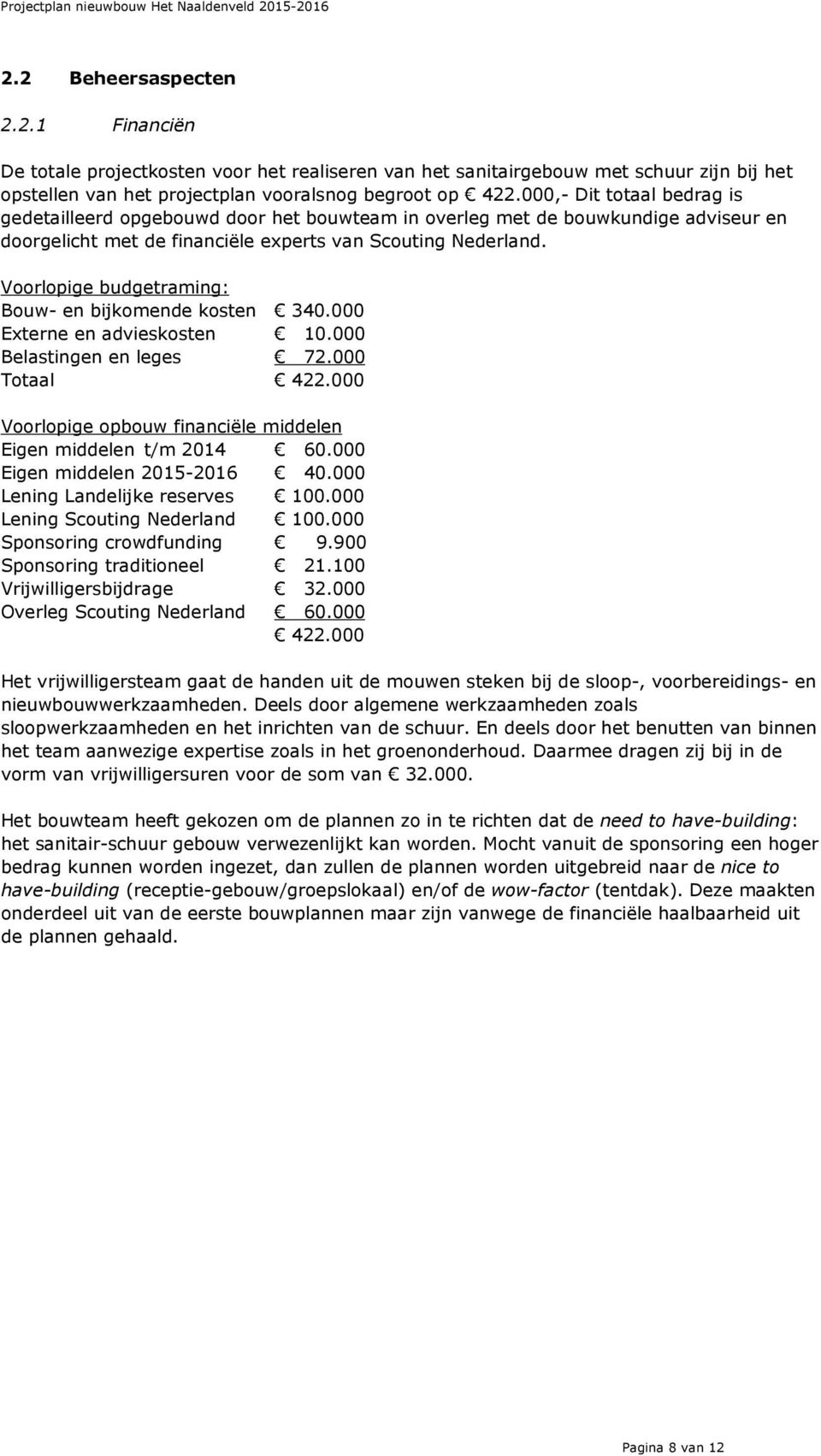 Vrlpige budgetraming: Buw- en bijkmende ksten 340.000 Externe en adviesksten 10.000 Belastingen en leges 72.000 Ttaal 422.000 Vrlpige pbuw financiële middelen Eigen middelen t/m 2014 60.