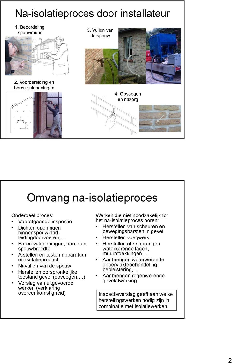 apparatuur en isolatieproduct Navullen van de spouw Herstellen oorspronkelijke toestand gevel (opvoegen, ) Verslag van uitgevoerde werken (verklaring overeenkomstigheid) Werken die niet noodzakelijk