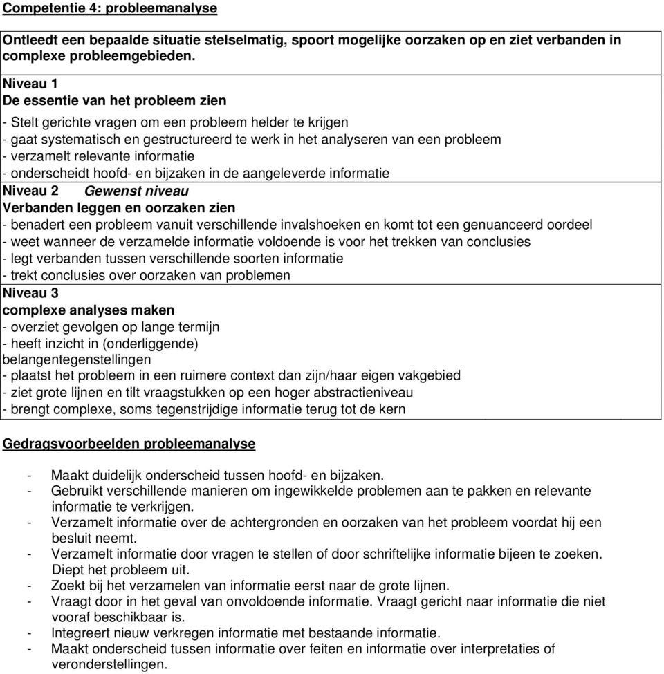 informatie - onderscheidt hoofd- en bijzaken in de aangeleverde informatie Verbanden leggen en oorzaken zien - benadert een probleem vanuit verschillende invalshoeken en komt tot een genuanceerd