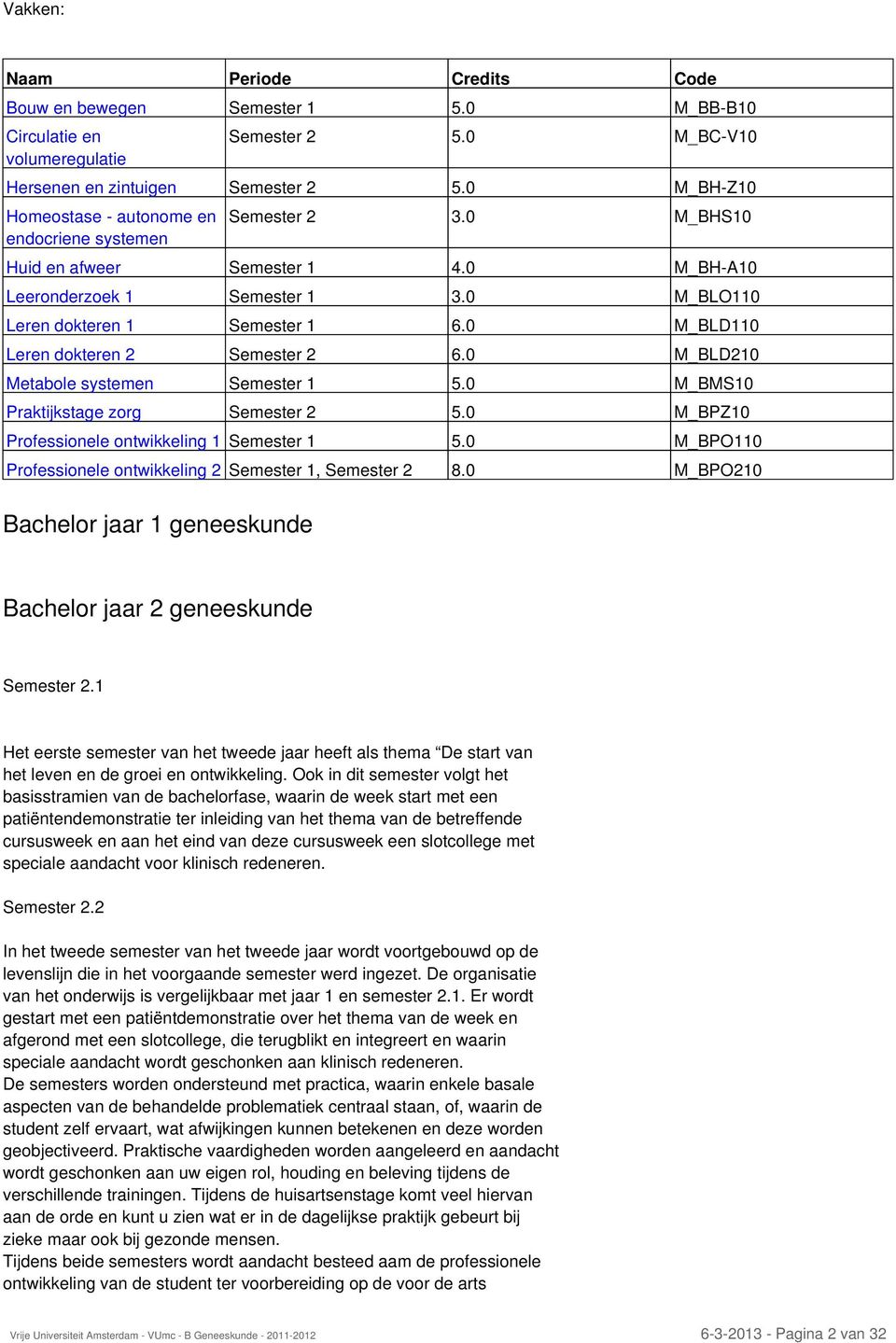 0 M_BLD110 Leren dokteren 2 Semester 2 6.0 M_BLD210 Metabole systemen Semester 1 5.0 M_BMS10 Praktijkstage zorg Semester 2 5.0 M_BPZ10 Professionele ontwikkeling 1 Semester 1 5.