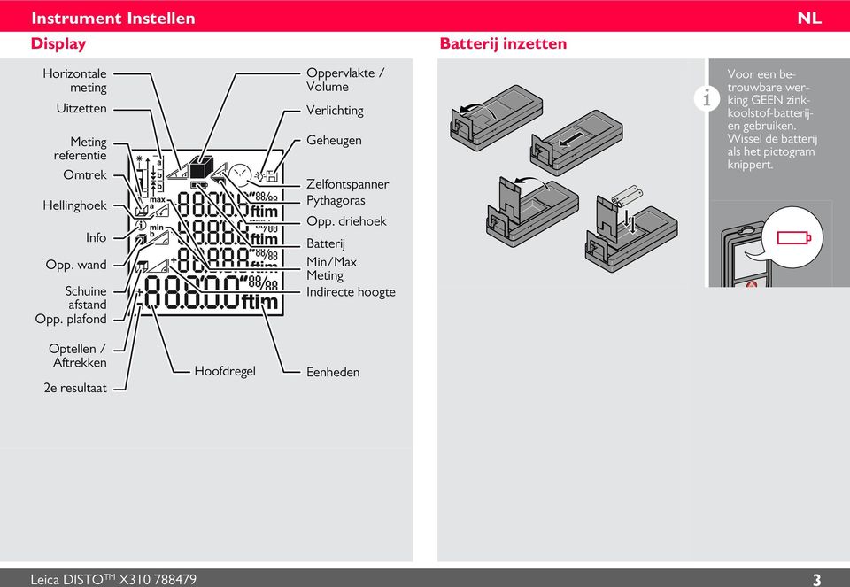 driehoek Batterij Min/Max Meting Indirecte hoogte i Voor een betrouwbare werking GEEN zinkkoolstof-batterijen gebruiken.