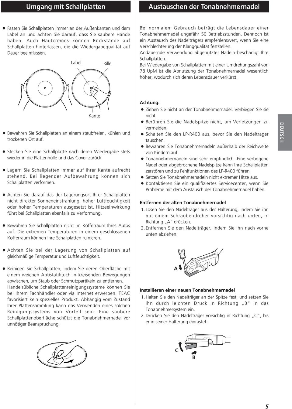 Label Rille Bei normalem Gebrauch beträgt die Lebensdauer einer Tonabnehmernadel ungefähr 50 Betriebsstunden.