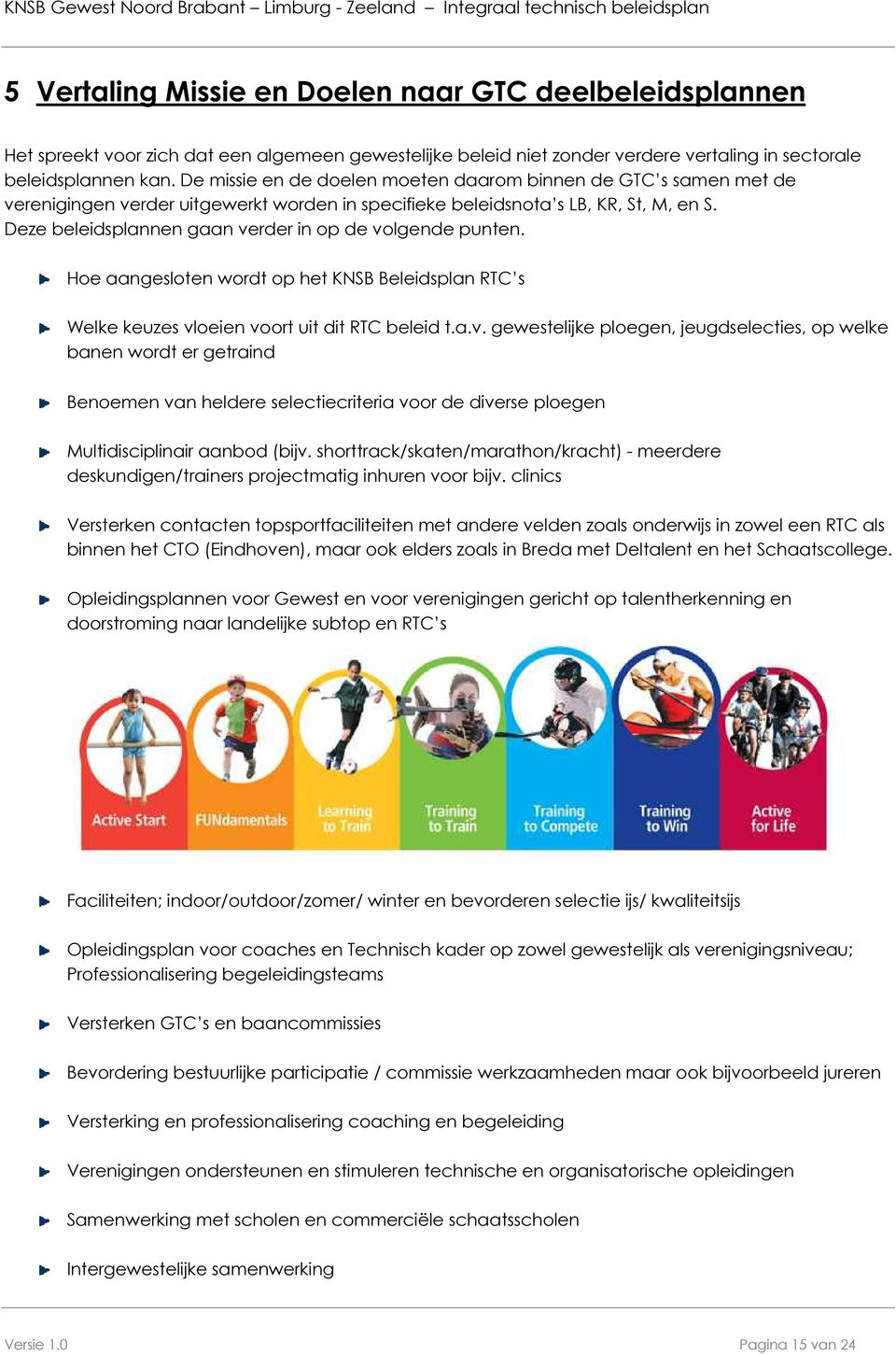 Deze beleidsplannen gaan verder in op de volgende punten. Hoe aangesloten wordt op het KNSB Beleidsplan RTC s Welke keuzes vloeien voort uit dit RTC beleid t.a.v. gewestelijke ploegen, jeugdselecties, op welke banen wordt er getraind Benoemen van heldere selectiecriteria voor de diverse ploegen Multidisciplinair aanbod (bijv.