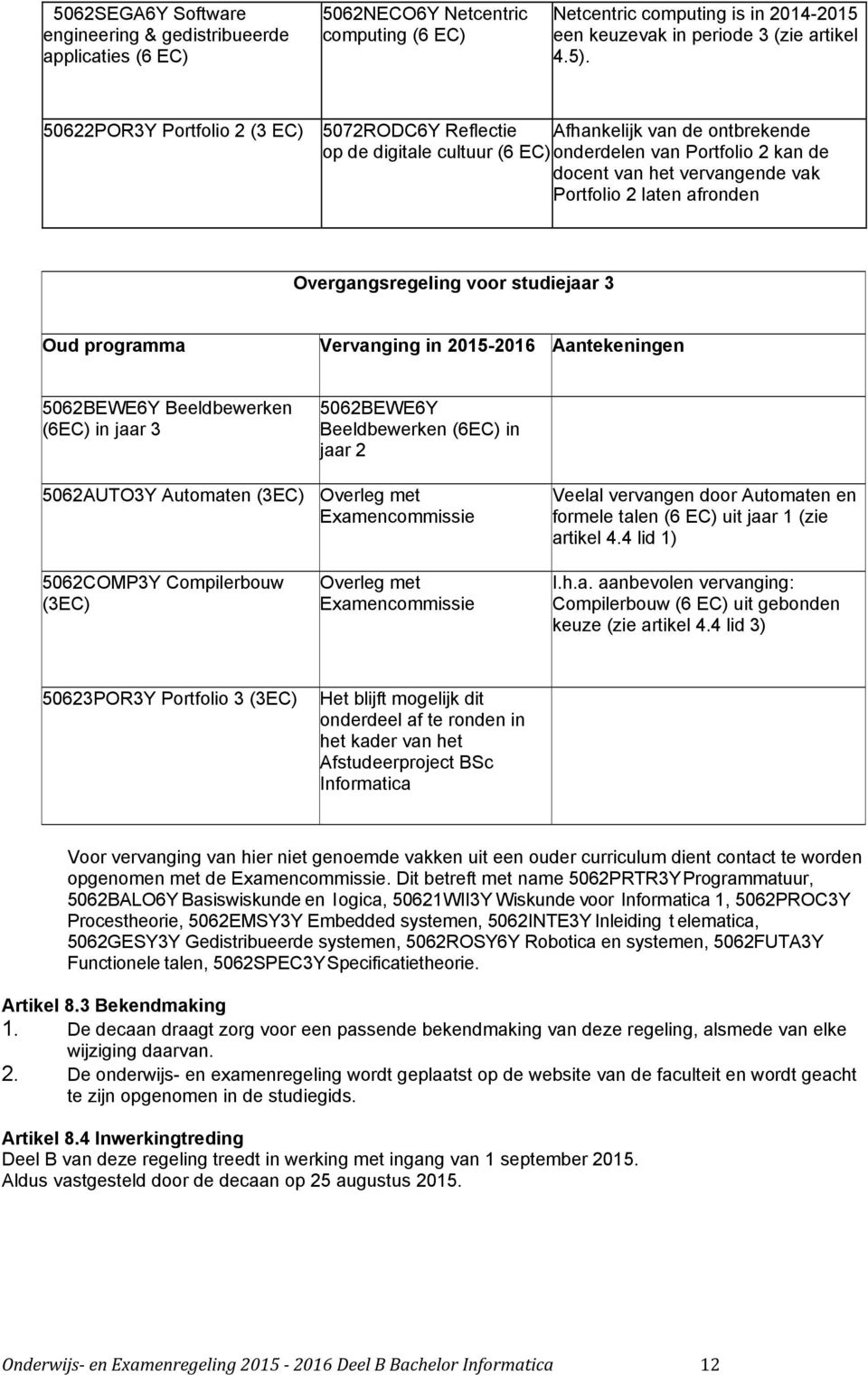 afronden Overgangsregeling voor studiejaar 3 Oud programma Vervanging in 2015-2016 Aantekeningen 5062BEWE6Y Beeldbewerken (6EC) in jaar 3 5062BEWE6Y Beeldbewerken (6EC) in jaar 2 5062AUTO3Y Automaten