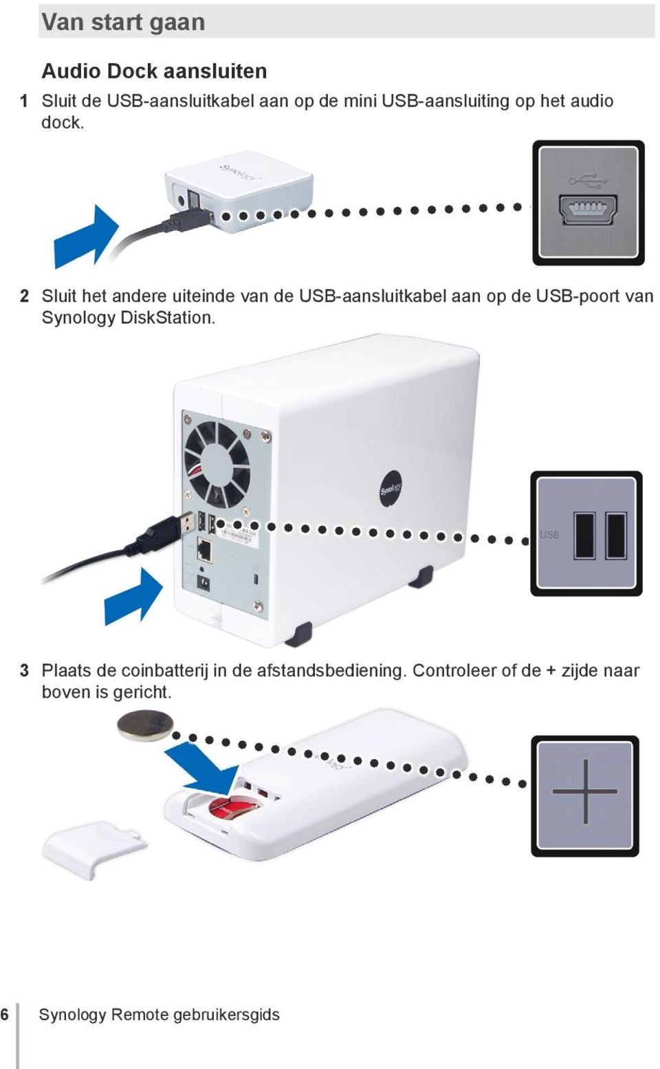 2 Sluit het andere uiteinde van de USB-aansluitkabel aan op de USB-poort van Synology