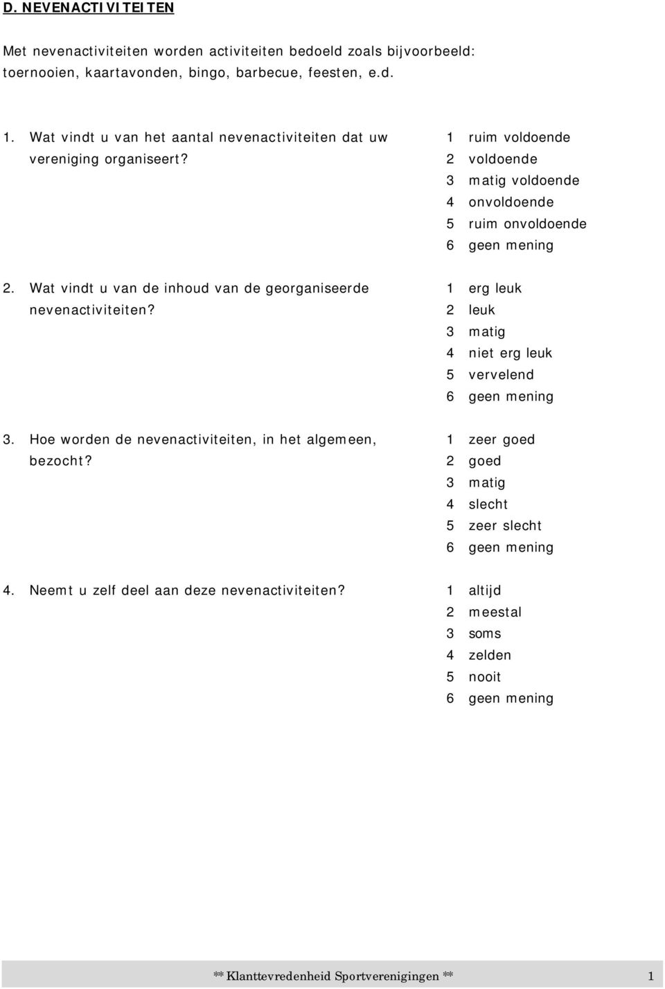 Wat vindt u van de inhoud van de georganiseerde 1 erg leuk nevenactiviteiten? 2 leuk 3 matig 4 niet erg leuk 5 vervelend 3.