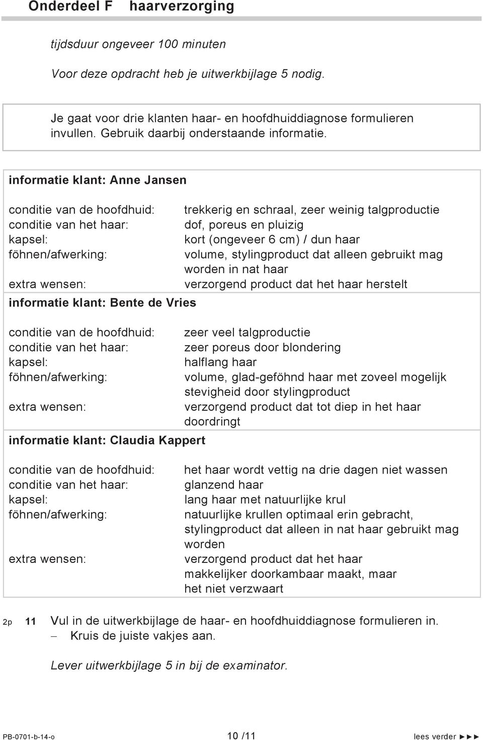 informatie klant: Anne Jansen conditie van de hoofdhuid: conditie van het haar: kapsel: föhnen/afwerking: extra wensen: informatie klant: Bente de Vries trekkerig en schraal, zeer weinig