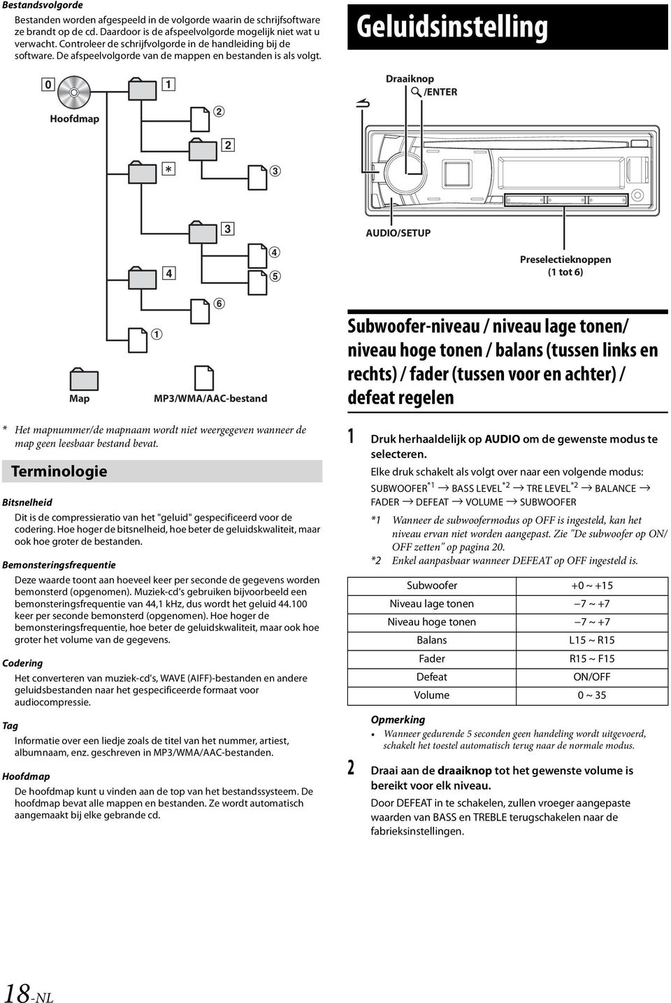 Geluidsinstelling Draaiknop /ENTER Hoofdmap AUDIO/SETUP Preselectieknoppen (1 tot 6) Map MP3/WMA/AAC-bestand Subwoofer-niveau / niveau lage tonen/ niveau hoge tonen / balans (tussen links en rechts)