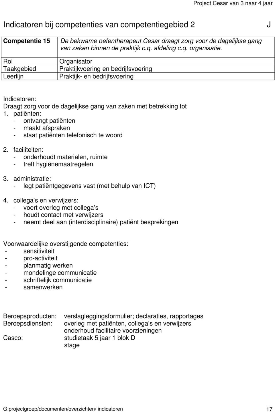 patiënten: - ontvangt patiënten - maakt afspraken - staat patiënten telefonisch te woord 2. faciliteiten: - onderhoudt materialen, ruimte - treft hygiënemaatregelen 3.