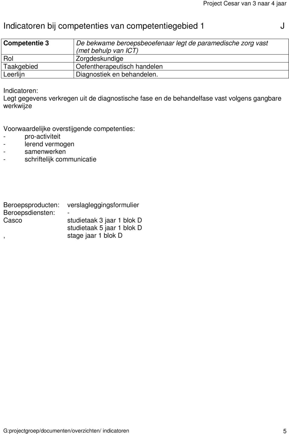 Legt gegevens verkregen uit de diagnostische fase en de behandelfase vast volgens gangbare werkwijze Voorwaardelijke overstijgende competenties: -