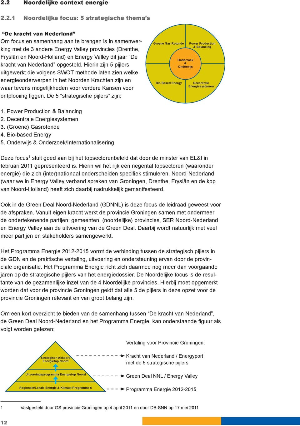 Hierin zijn 5 pijlers uitgewerkt die volgens SWOT methode laten zien welke energieonderwerpen in het Noorden Krachten zijn en waar tevens mogelijkheden voor verdere Kansen voor ontplooiing liggen.