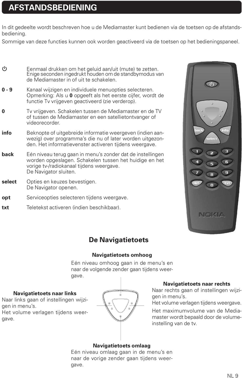 Enige seconden ingedrukt houden om de standbymodus van de Mediamaster in of uit te schakelen. 0-9 Kanaal wijzigen en individuele menuopties selecteren.