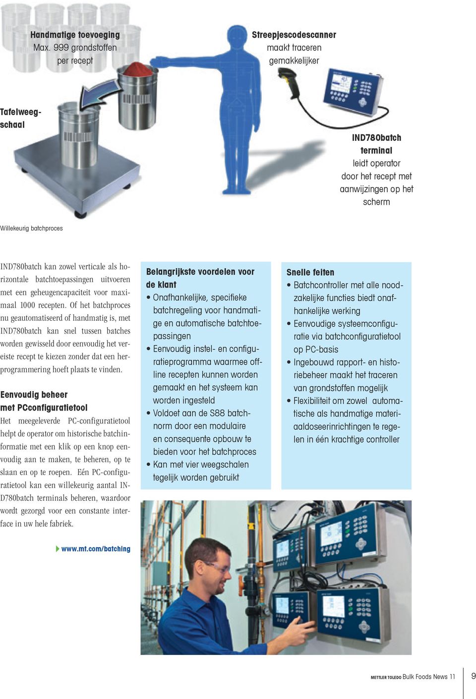 batchproces IND780batch kan zowel verticale als horizontale batchtoepassingen uitvoeren met een geheugencapaciteit voor maximaal 1000 recepten.