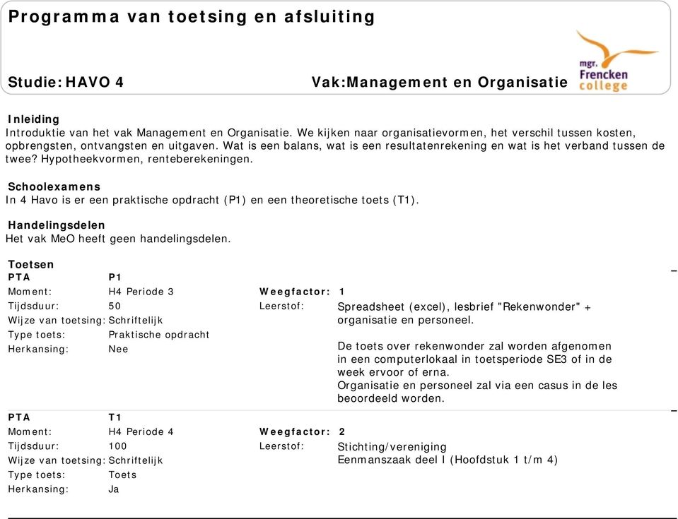 In 4 Havo is er een praktische opdracht (P) en een theoretische toets (T). Het vak MeO heeft geen handelingsdelen.