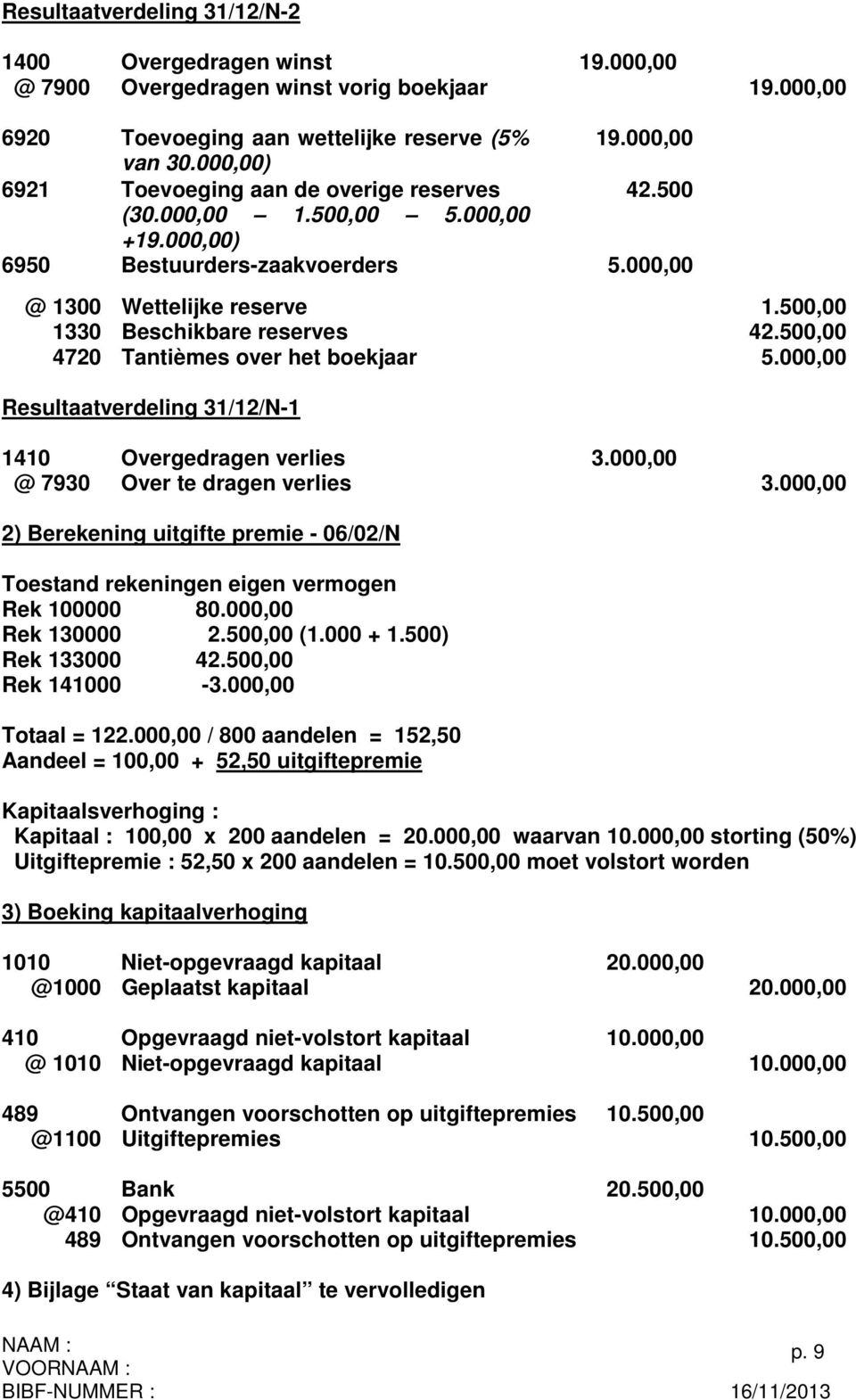 500,00 4720 Tantièmes over het boekjaar 5.000,00 Resultaatverdeling 31/12/N-1 1410 Overgedragen verlies 3.000,00 @ 7930 Over te dragen verlies 3.