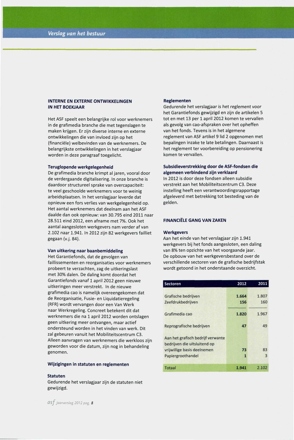 De belangrijkste ontwikkelingen in het verslagjaar worden in deze paragraaf toegelicht. Teruglopende werkgelegenheid De grafimedia branche krimpt al jaren, vooral door de verdergaande digitalisering.