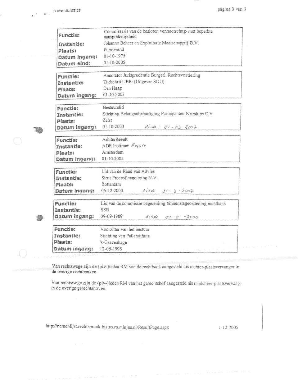 Functie;: Instantie; Datum ingang; ~ndie~ IIn5tantfe: Ipraat5~ IDatum ingang: Commissaris van de besloten vennootschap met beoerkte é!ansprake!jjl~eid -, Johatme Beheer en Exploitatie Maatschappij B.