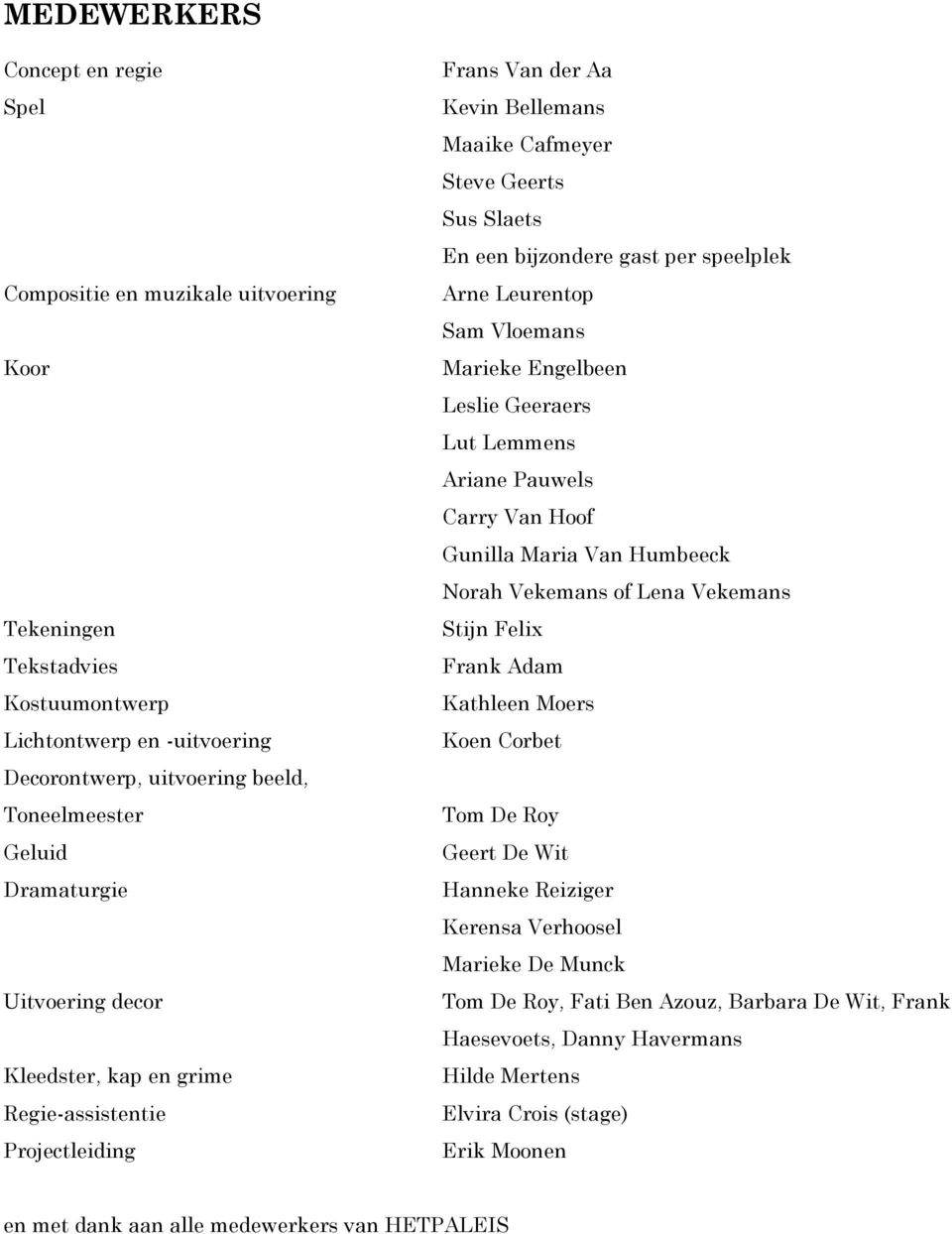 Arne Leurentop Sam Vloemans Marieke Engelbeen Leslie Geeraers Lut Lemmens Ariane Pauwels Carry Van Hoof Gunilla Maria Van Humbeeck Norah Vekemans of Lena Vekemans Stijn Felix Frank Adam Kathleen