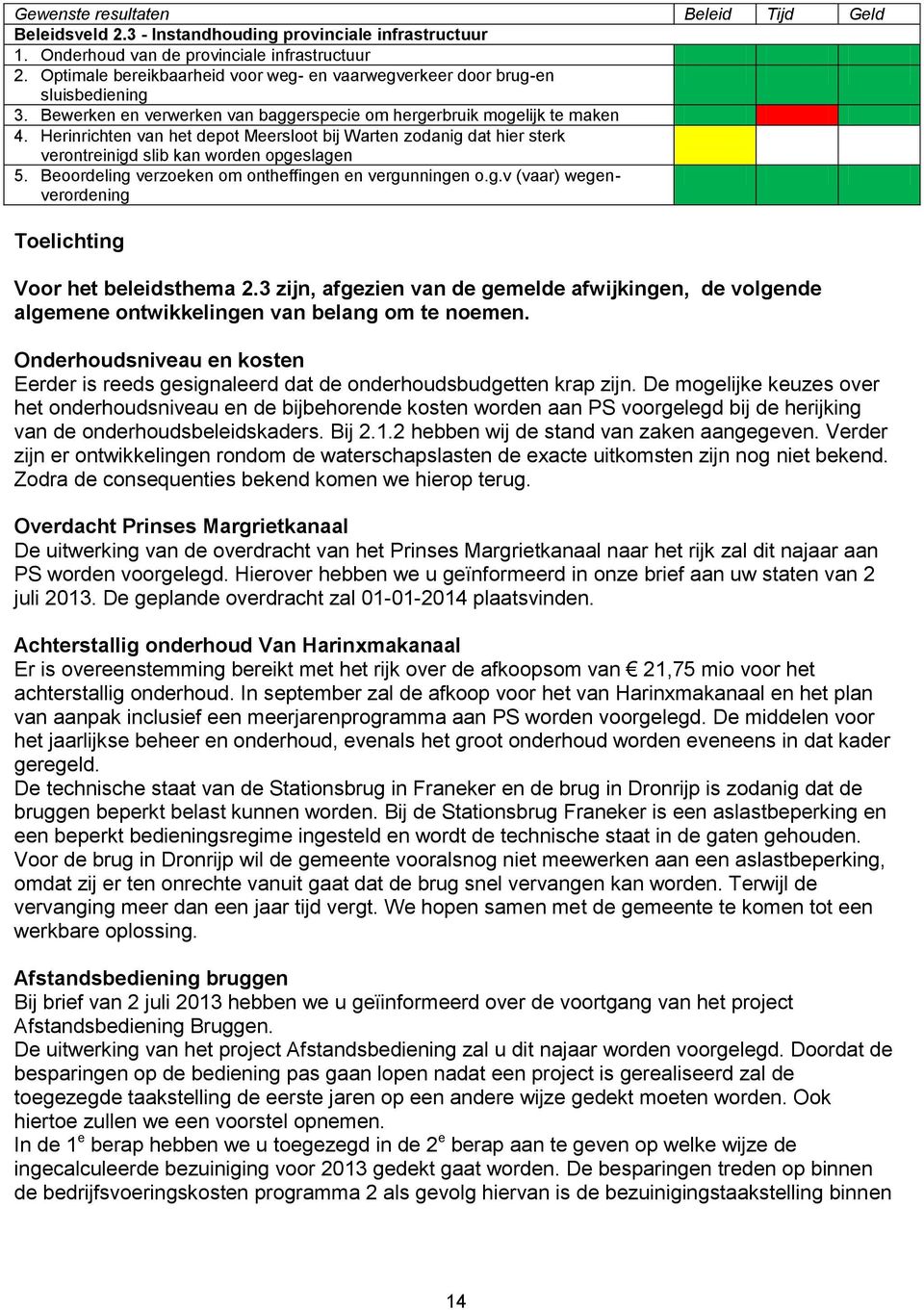 Herinrichten van het depot Meersloot bij Warten zodanig dat hier sterk verontreinigd slib kan worden opgeslagen 5. Beoordeling verzoeken om ontheffingen en vergunningen o.g.v (vaar) wegenverordening Toelichting Voor het beleidsthema 2.