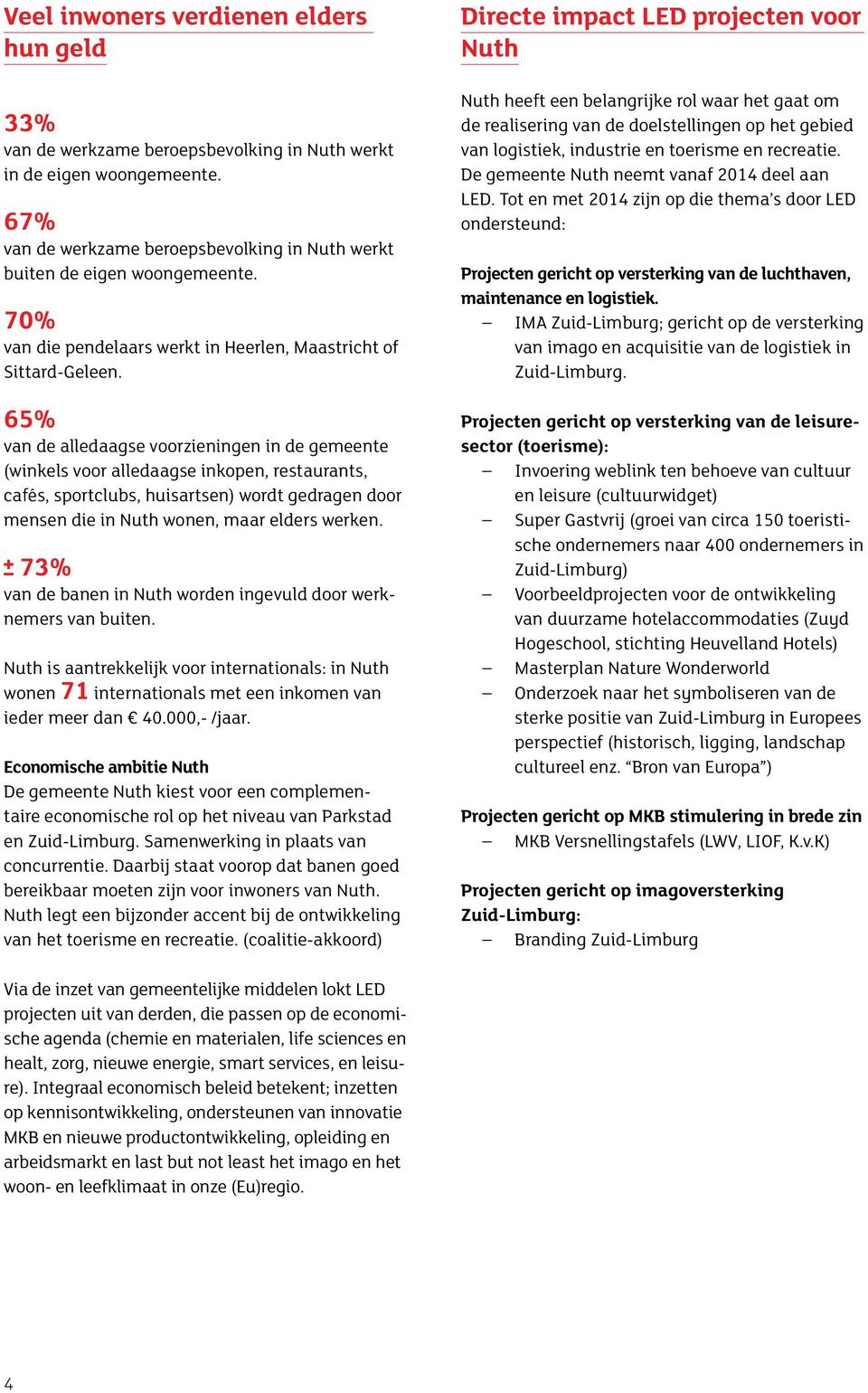 65% van de alledaagse voorzieningen in de gemeente (winkels voor alledaagse inkopen, restaurants, cafés, sportclubs, huisartsen) wordt gedragen door mensen die in Nuth wonen, maar elders werken.