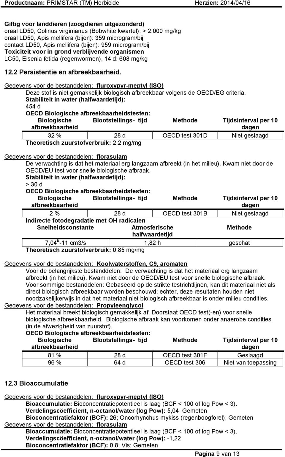 (regenwormen), 14 d: 608 mg/kg 12.2 Persistentie en afbreekbaarheid.