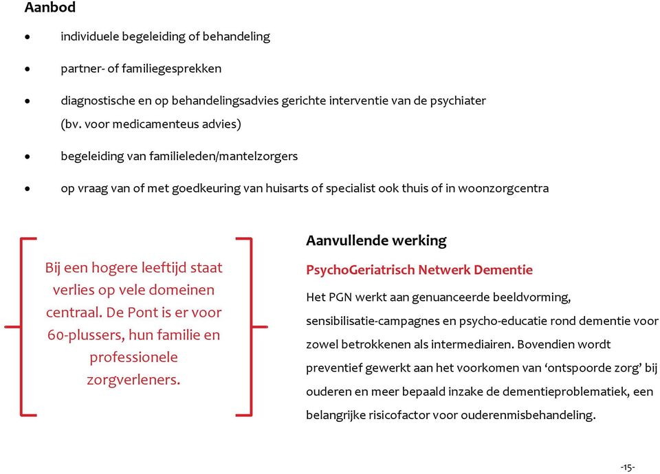 leeftijd staat verlies op vele domeinen centraal. De Pont is er voor 60-plussers, hun familie en professionele zorgverleners.