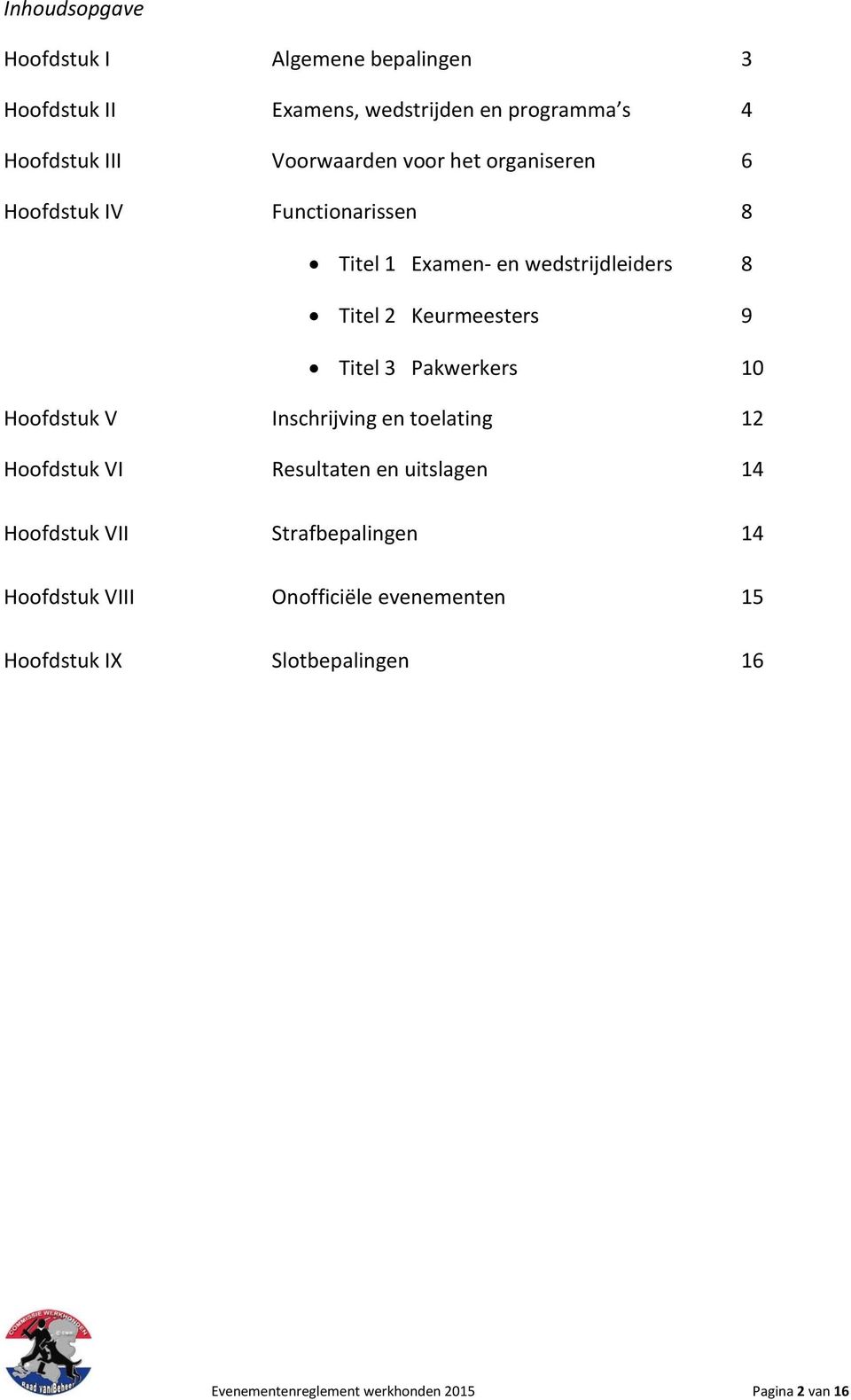 Pakwerkers 10 Hoofdstuk V Inschrijving en toelating 12 Hoofdstuk VI Resultaten en uitslagen 14 Hoofdstuk VII Strafbepalingen