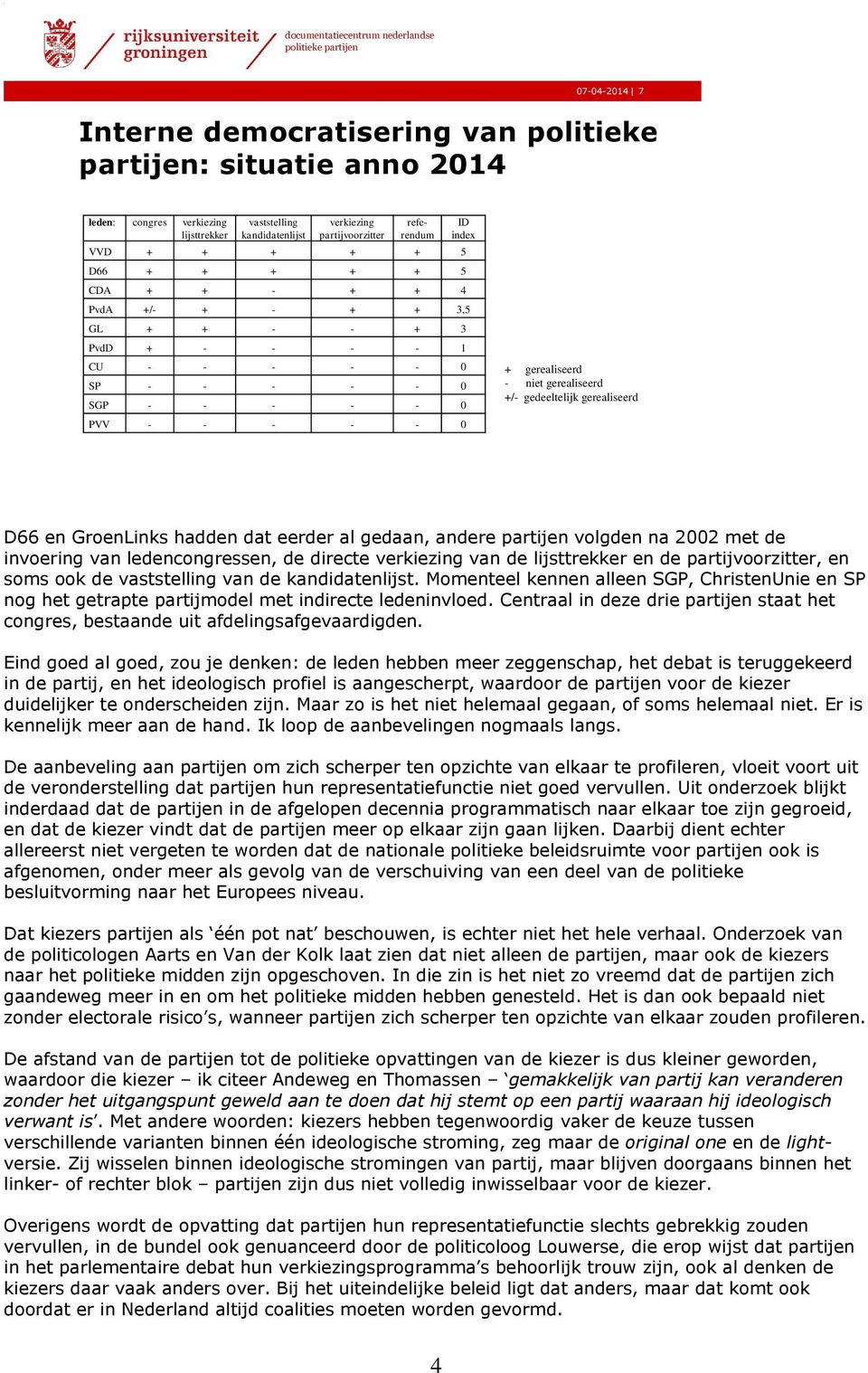 gedeeltelijk gerealiseerd D66 en GroenLinks hadden dat eerder al gedaan, andere partijen volgden na 2002 met de invoering van ledencongressen, de directe verkiezing van de lijsttrekker en de