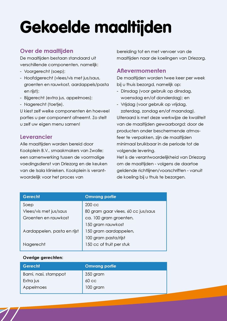 Leverancier Alle maaltijden worden bereid door Kookplein B.V., smaakmakers van Zwolle; een samenwerking tussen de voormalige voedingsdienst van Driezorg en de keuken van de Isala klinieken.