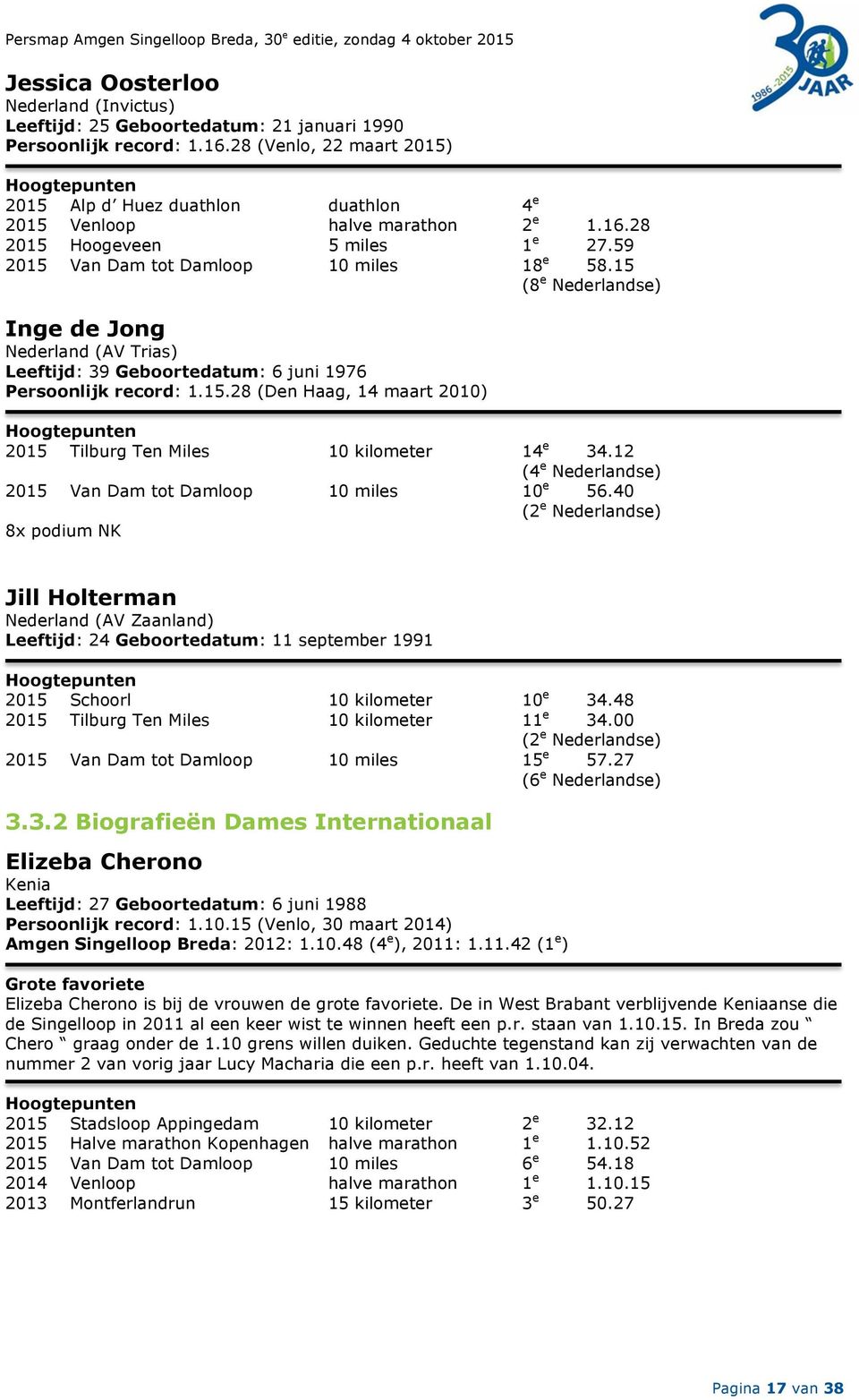 15 (8 e Nederlandse) Inge de Jong Nederland (AV Trias) Leeftijd: 39 Geboortedatum: 6 juni 1976 Persoonlijk record: 1.15.28 (Den Haag, 14 maart 2010) 2015 Tilburg Ten Miles 10 kilometer 14 e 34.