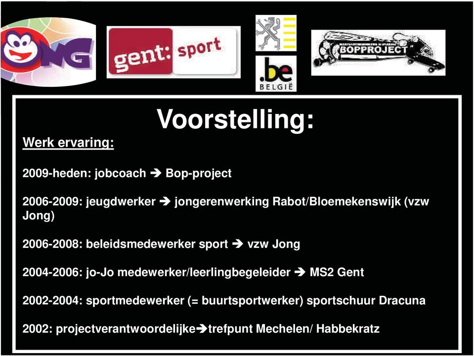 Jong 2004-2006: jo-jo medewerker/leerlingbegeleider MS2 Gent 2002-2004: sportmedewerker (=