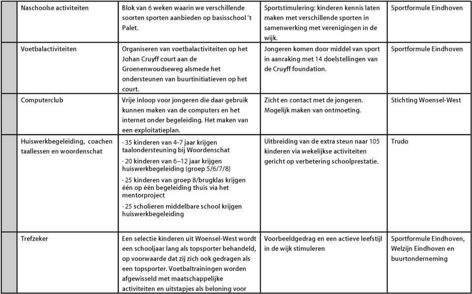 van buurtinitiatieven op het court. Vrije inloop voor jongeren die daar gebruik kunnen maken van de computers en het internet onder begeleiding. Het maken van een exploitatieplan.