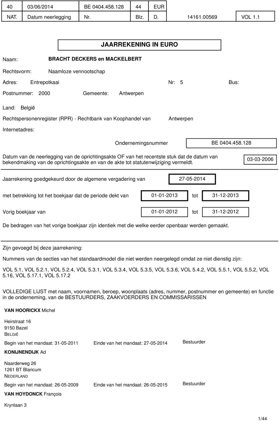 (RPR) - Rechtbank van Koophandel van Antwerpen Internetadres: Ondernemingsnummer BE 0404.458.