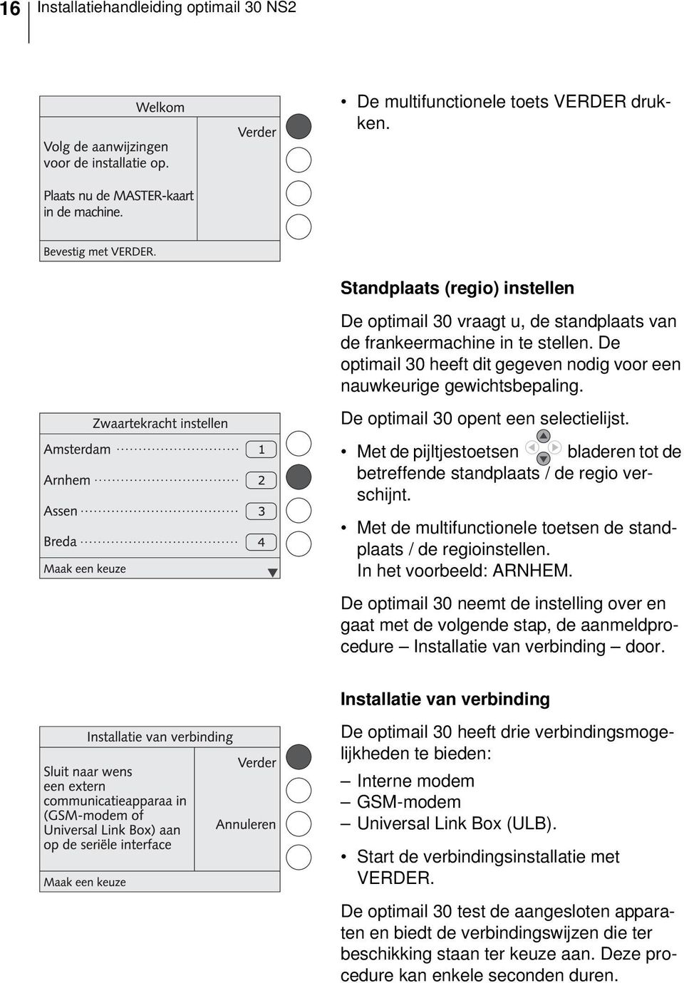 Met de pijltjestoetsen bladeren tot de betreffende standplaats / de regio verschijnt. Met de multifunctionele toetsen de standplaats / de regioinstellen. In het voorbeeld: ARNHEM.