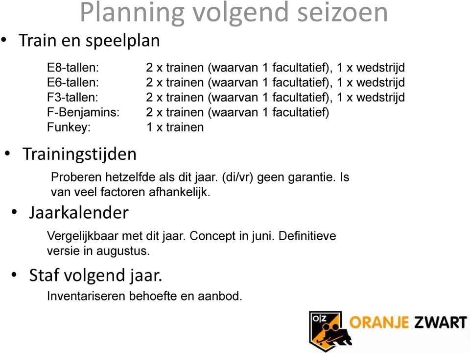 trainen (waarvan 1 facultatief) 1 x trainen Proberen hetzelfde als dit jaar. (di/vr) geen garantie. Is van veel factoren afhankelijk.