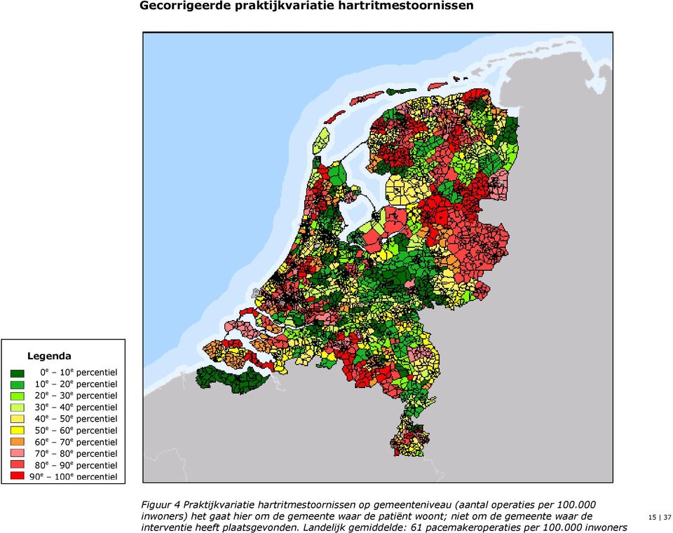 Figuur 4 Praktijkvariatie hartritmestoornissen op gemeenteniveau (aantal operaties per 100.