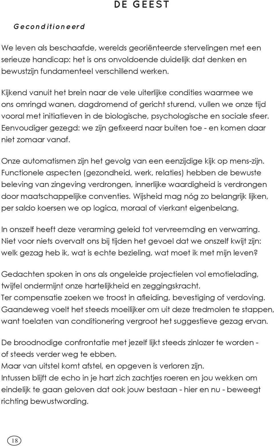 Kijkend vanuit het brein naar de vele uiterlijke condities waarmee we ons omringd wanen, dagdromend of gericht sturend, vullen we onze tijd vooral met initiatieven in de biologische, psychologische