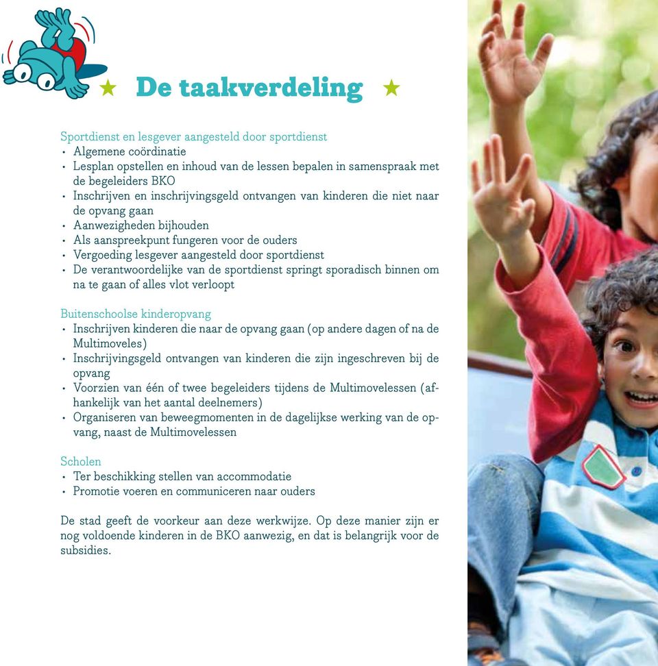 verantwoordelijke van de sportdienst springt sporadisch binnen om na te gaan of alles vlot verloopt Buitenschoolse kinderopvang Inschrijven kinderen die naar de opvang gaan (op andere dagen of na de