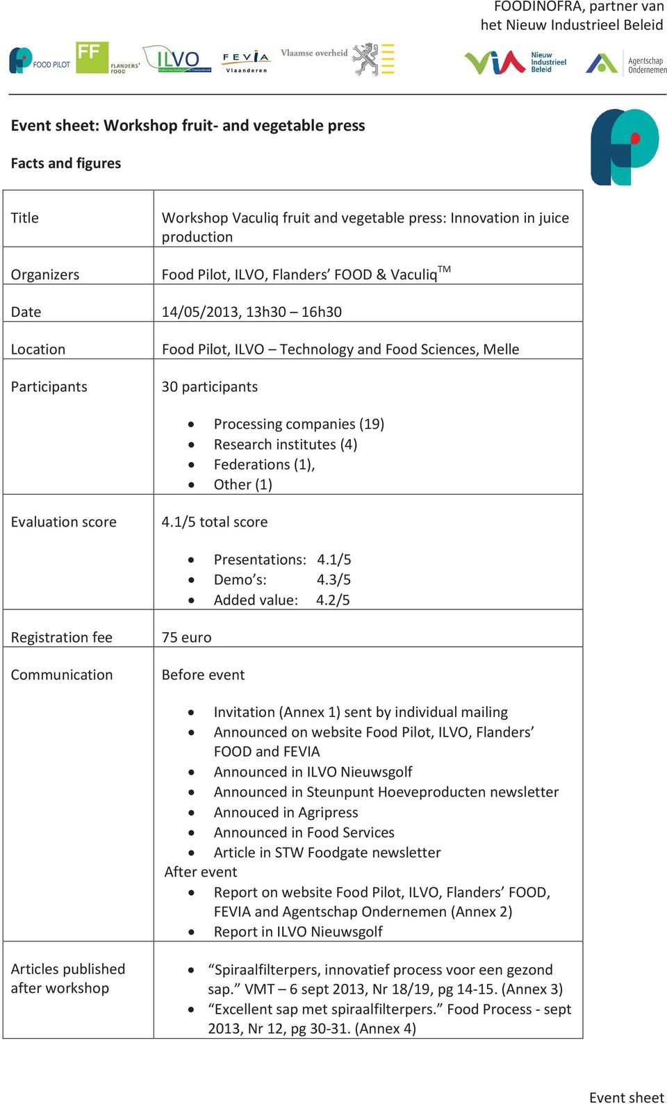 companies (19) Research institutes (4) Federations (1), Other (1) Evaluation score 4.1/5 total score Presentations: 4.1/5 Demo s: 4.3/5 Added value: 4.