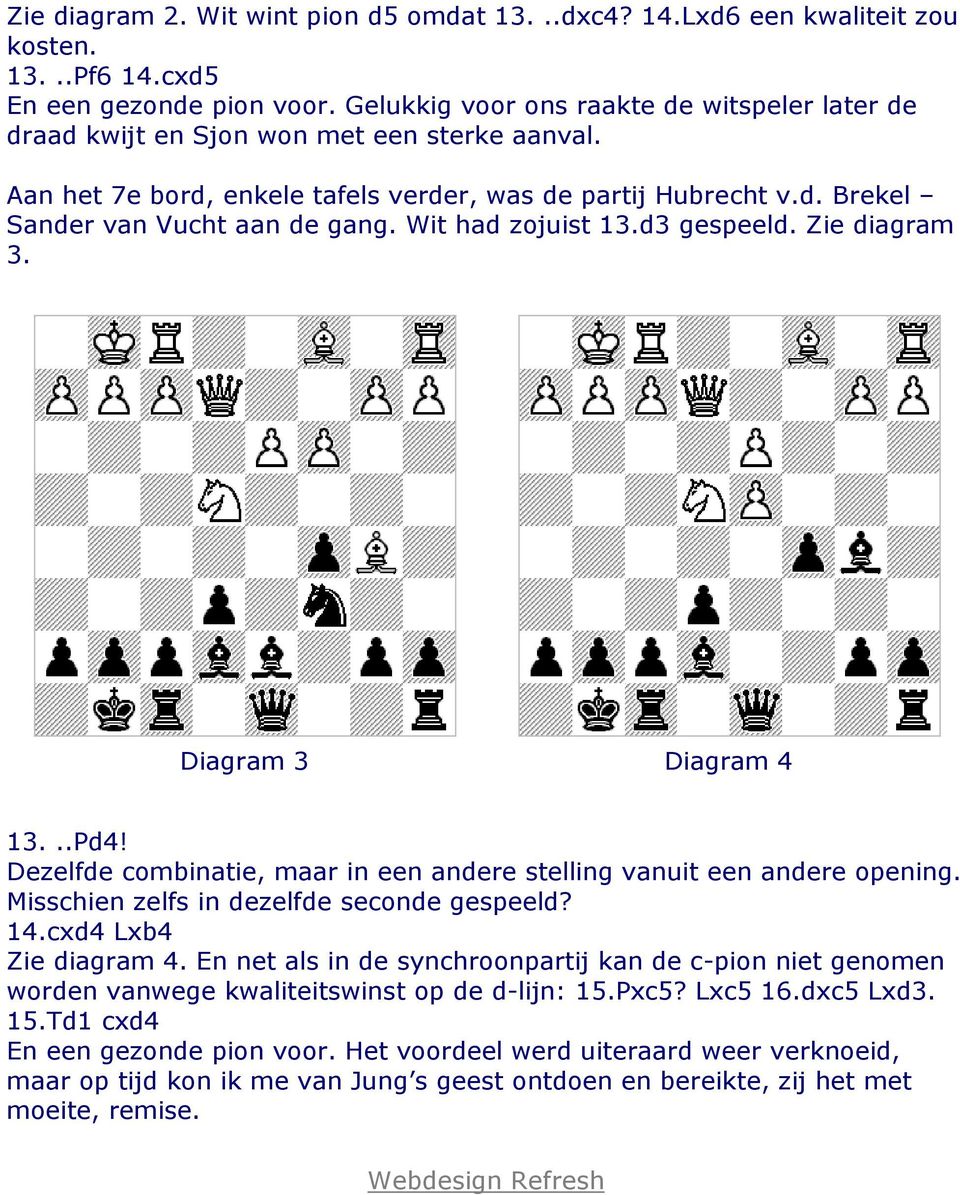 Wit had zojuist 13.d3 gespeeld. Zie diagram 3. Diagram 3 Diagram 4 13...Pd4! Dezelfde combinatie, maar in een andere stelling vanuit een andere opening. Misschien zelfs in dezelfde seconde gespeeld?