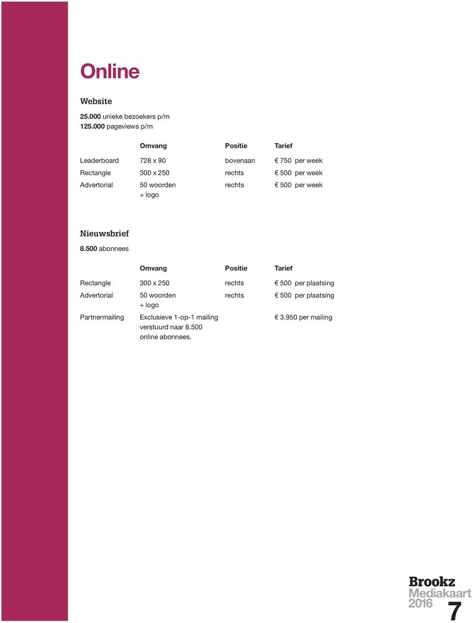 per week Advertorial 50 woorden rechts 500 per week + logo Nieuwsbrief 8.