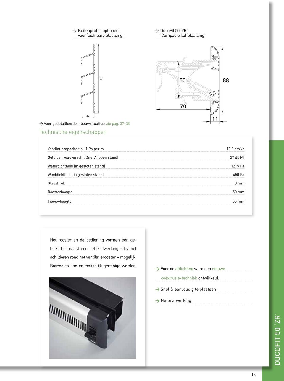 gslotn stand) Glasaftrk Roostrhoogt Inbouwhoogt 27 db(a) 1215 Pa 450 Pa 0 mm 50 mm 55 mm Ht roostr n d bdining vormn één ghl. Dit maakt n ntt afwrking bv.