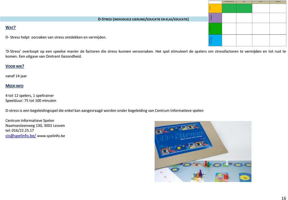 Het spel stimuleert de spelers om stressfactoren te vermijden en tot rust te komen. Een uitgave van Omtrent Gezondheid.