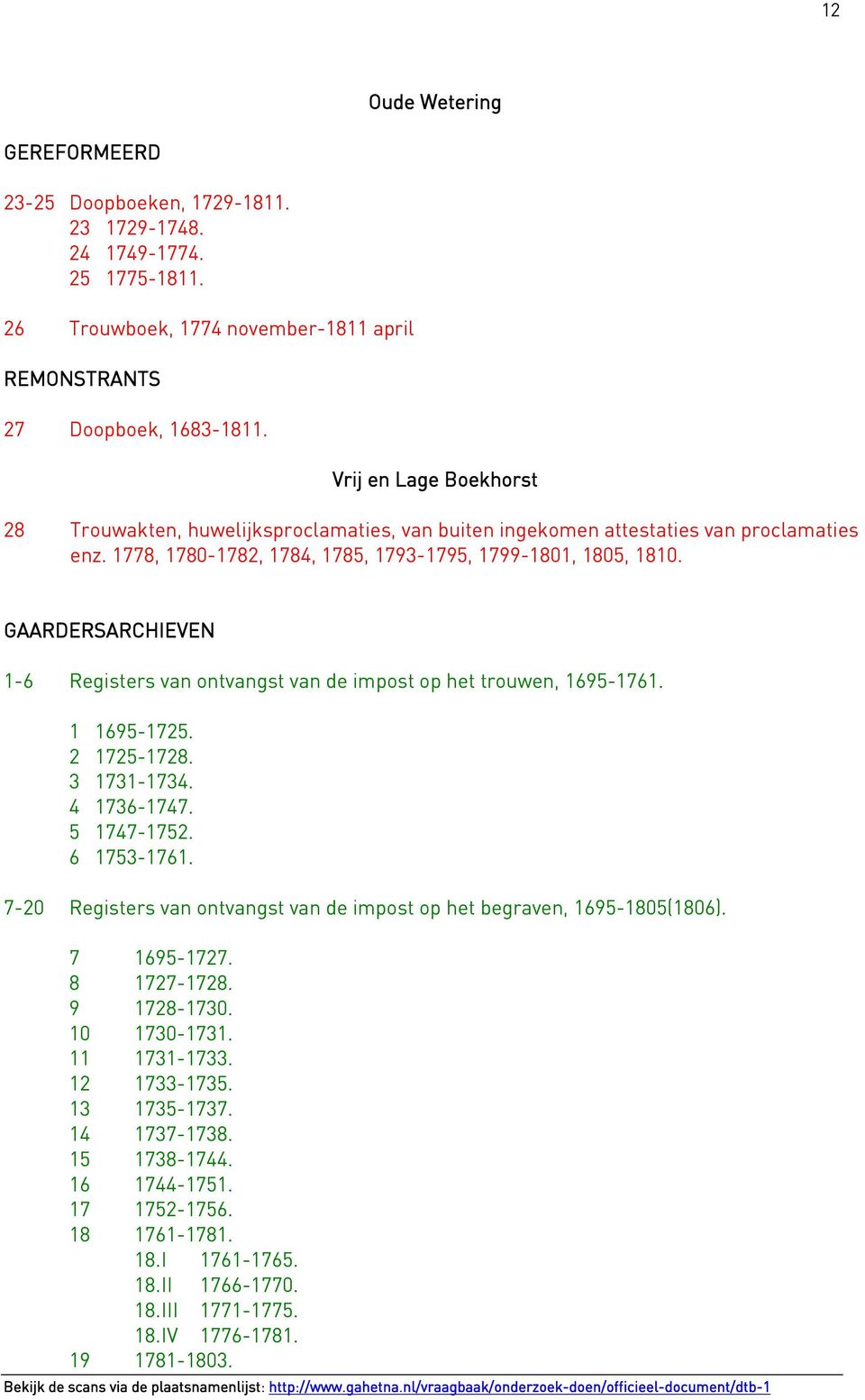 GAARDERSARCHIEVEN 1-6 Registers van ontvangst van de impost op het trouwen, 1695-1761. 1 1695-1725. 2 1725-1728. 3 1731-1734. 4 1736-1747. 5 1747-1752. 6 1753-1761.