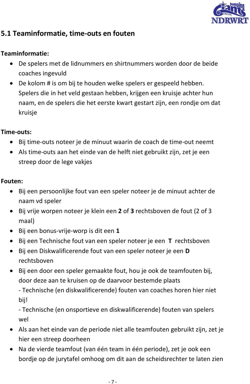 Spelers die in het veld gestaan hebben, krijgen een kruisje achter hun naam, en de spelers die het eerste kwart gestart zijn, een rondje om dat kruisje Time-outs: Bij time-outs noteer je de minuut