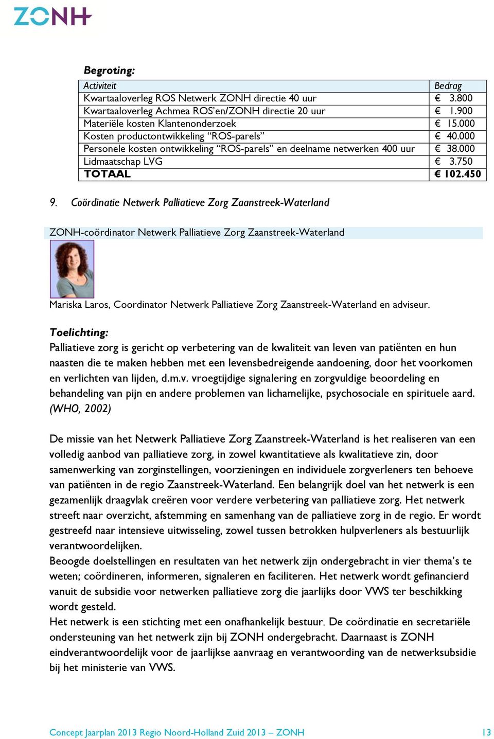 Coördinatie Netwerk Palliatieve Zorg Zaanstreek-Waterland ZONH-coördinator Netwerk Palliatieve Zorg Zaanstreek-Waterland Mariska Laros, Coordinator Netwerk Palliatieve Zorg Zaanstreek-Waterland en