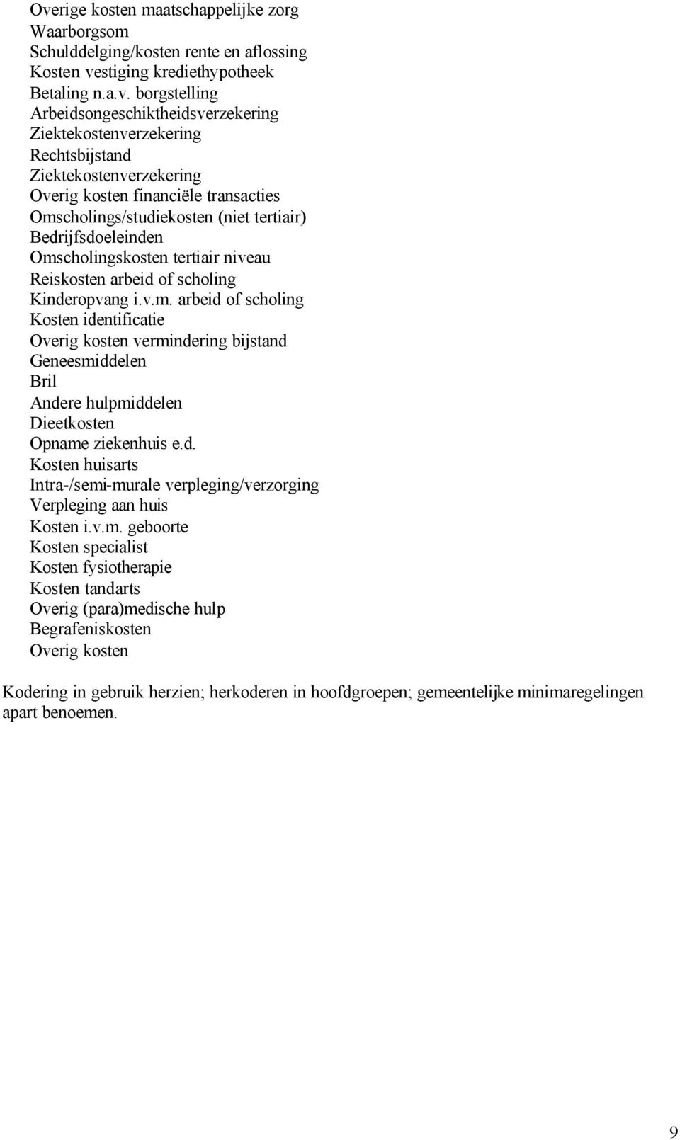 Reiskosten arbeid of scholing Kinderopvang i.v.m. arbeid of scholing Kosten identificatie Overig kosten vermindering bijstand Geneesmiddelen Bril Andere hulpmiddelen Dieetkosten Opname ziekenhuis e.d. Kosten huisarts Intra-/semi-murale verpleging/verzorging Verpleging aan huis Kosten i.